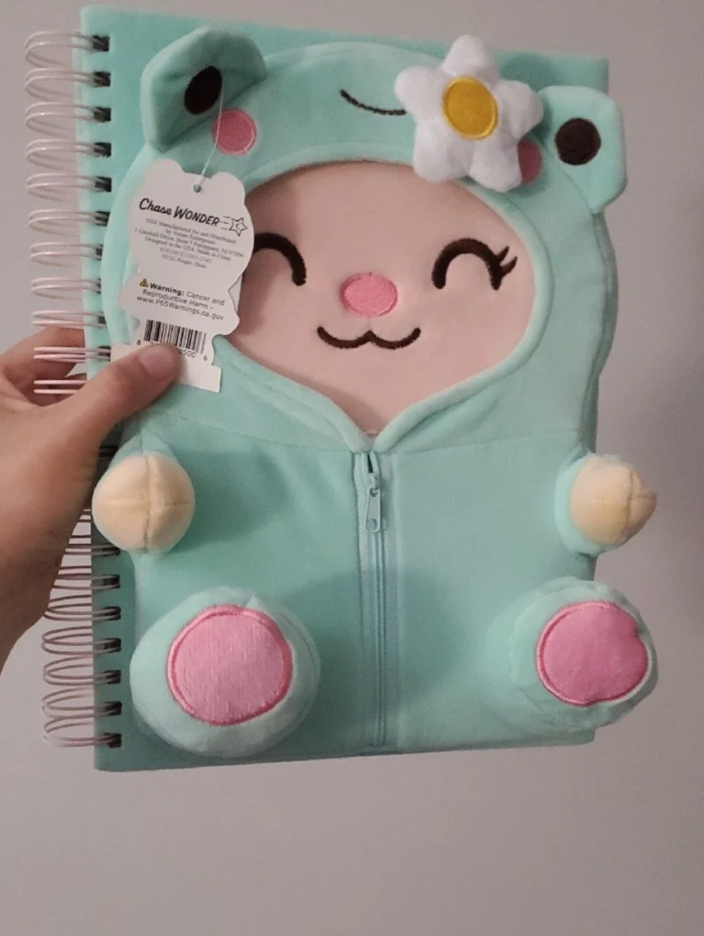 Chase Wonder Plush Zippered Kids Notebook - Mint with Pink Accents
